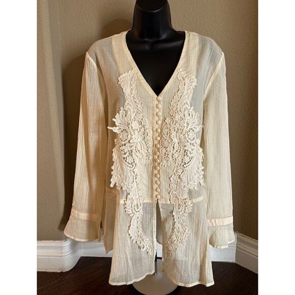 Eri + Ali Tops - Women's Medium Eri + Ali Anthropologie Cream Sheer Lace Long Sleeve Blouse